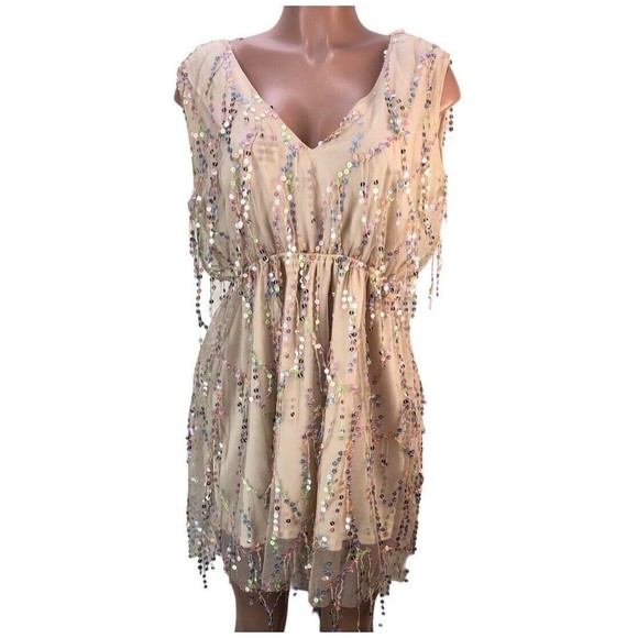 Southern Fried Chics Mini Dress Womens XL  Beige Shimmy For Me Mesh Sequins - Picture 2 of 16